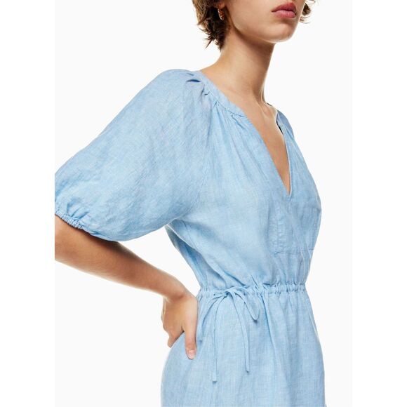 Aritzia Wilfred Decadence Linen Midi Dress Tiered size S Chambray Buoy Blue Shor - Picture 3 of 12